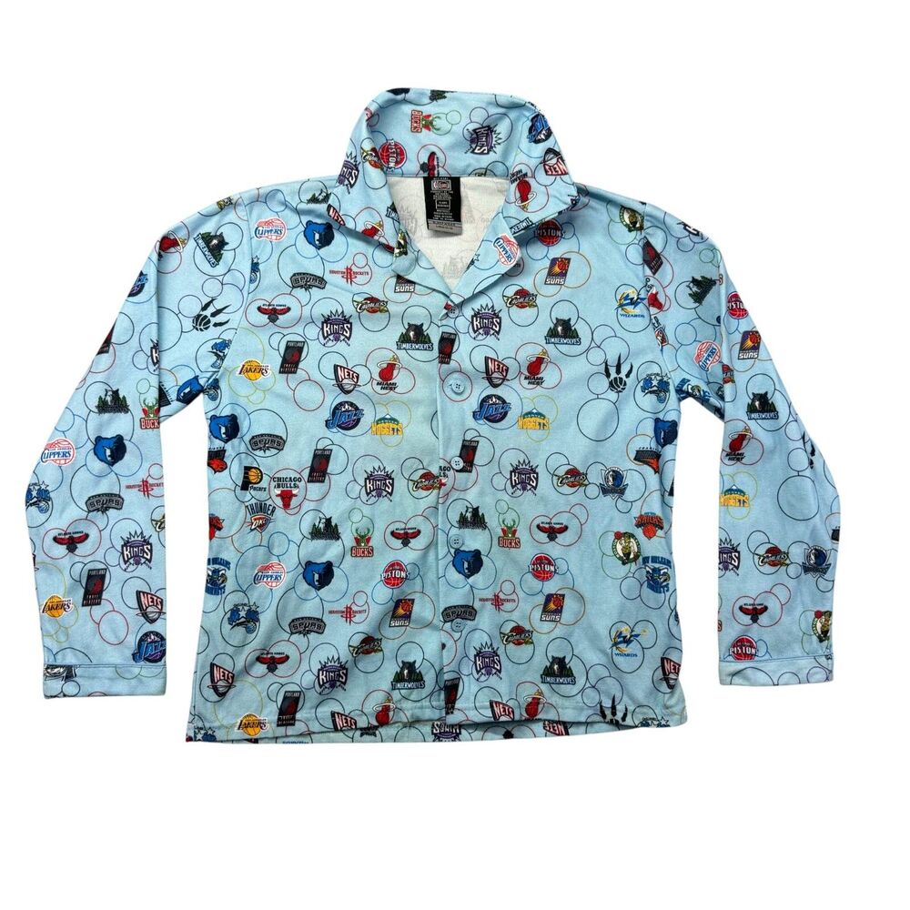 NBA Pajama Top Boys Large 14/16 Blue Vintage Team Logos Long Sleeve Sleep Shirt